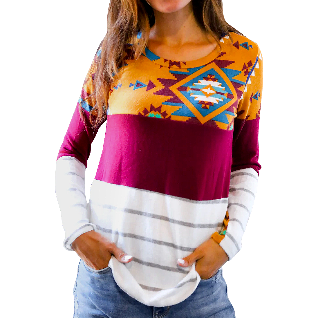 Women's Tribal Color Block Top